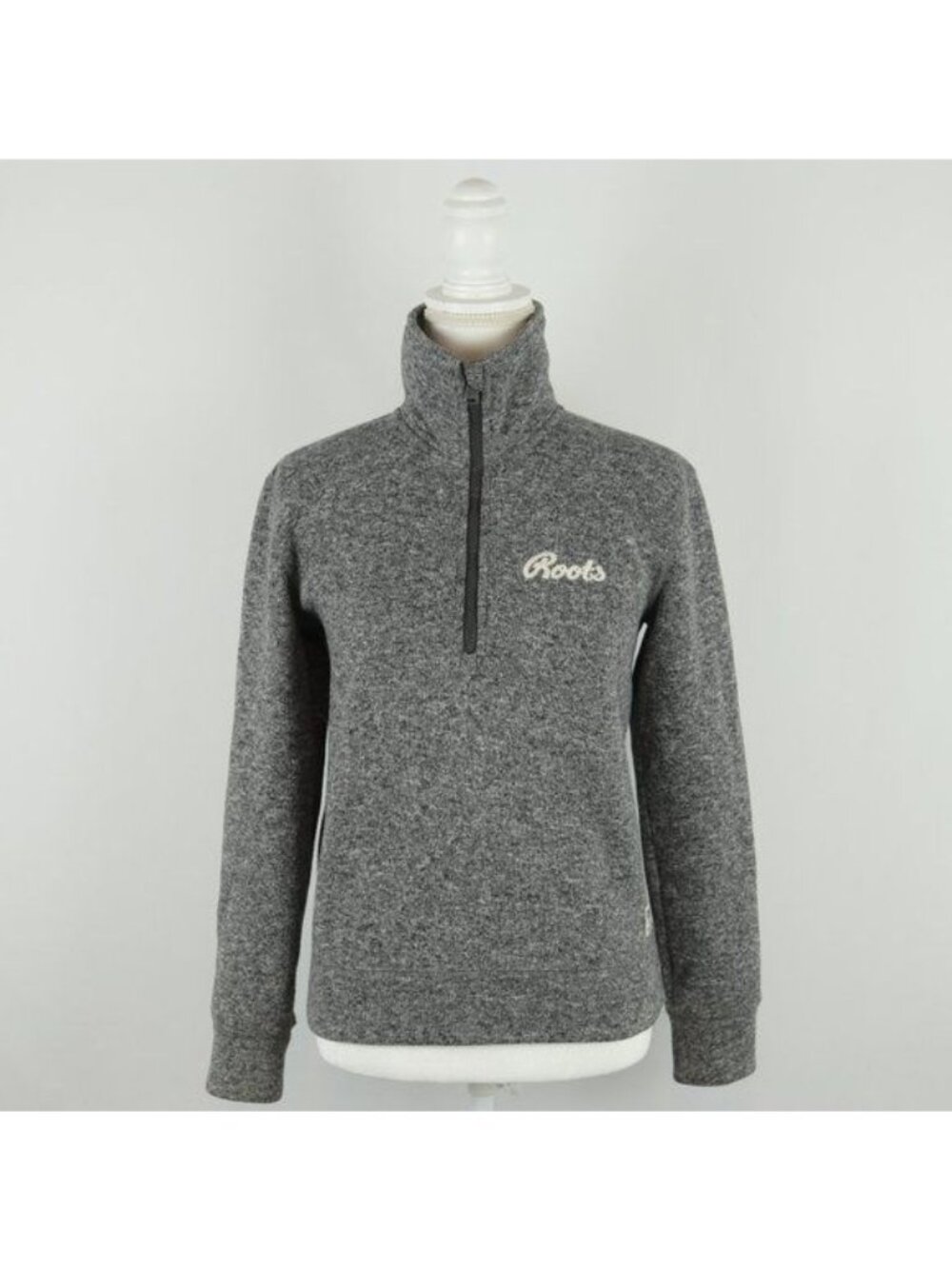 Roots Women's Extra Small Gray Heather 1/4 Zip Knit Fleece Embroidered Stein
